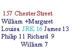 Text Box:            157 Chester StreetWilliam +MargaretLouisa  JRK 16 James 13  Philip 11 Richard  9            William 7