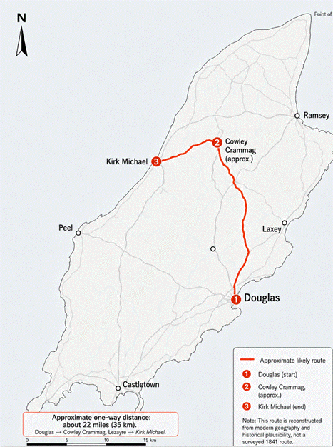 The image depicts a historical map illustrating a reconstructed one-way cycling route from Douglas to Kirk Michael, approximately 22 miles (35 km) long, with key points marked, including Ramsey, Cowley, Crammag, Peel, Laxey, and a note on its historical accuracy.

AI-generated content may be incorrect.